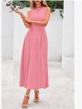 Pink Sleeveless Pleated  Dress -  Elegant Everyday